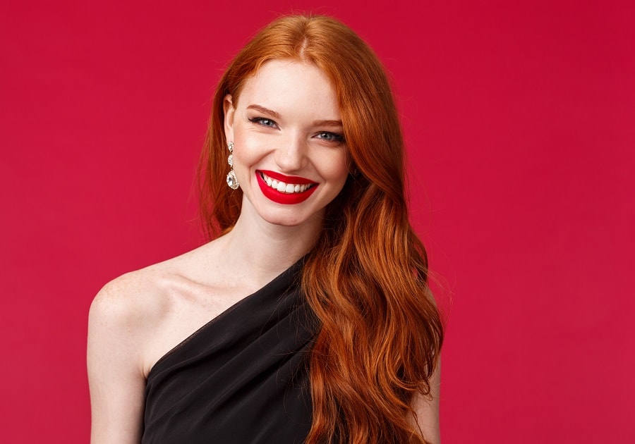 long red hair with asymmetric neckline