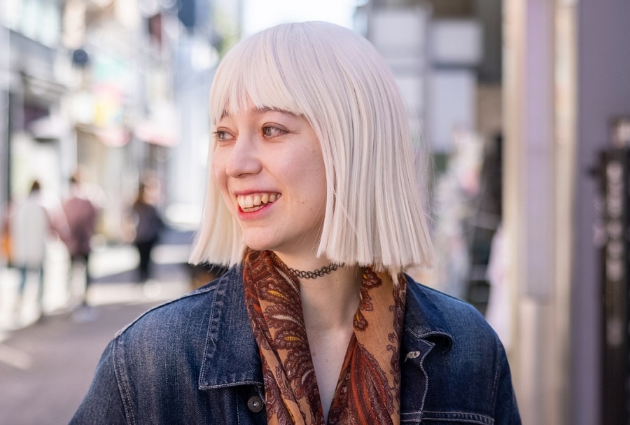 platinum blonde bob with bangs