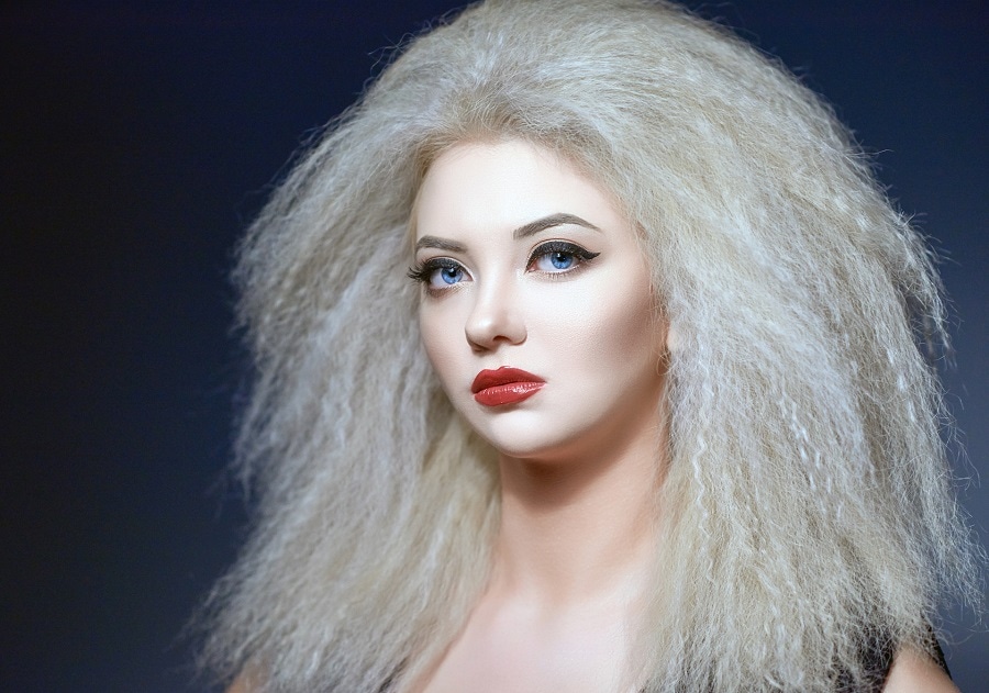 platinum blonde crimped hair