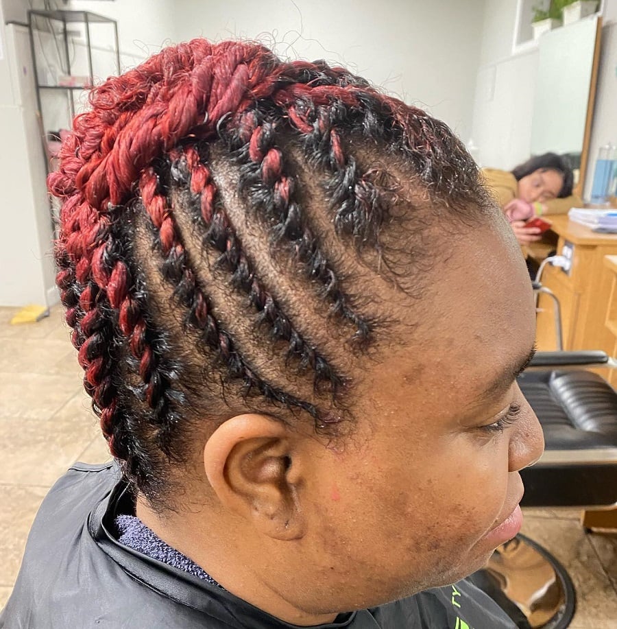 red and black flat twists updo