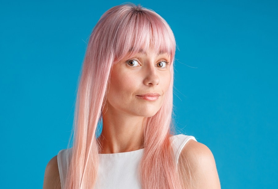 straight pastel pink fine hair with bangs