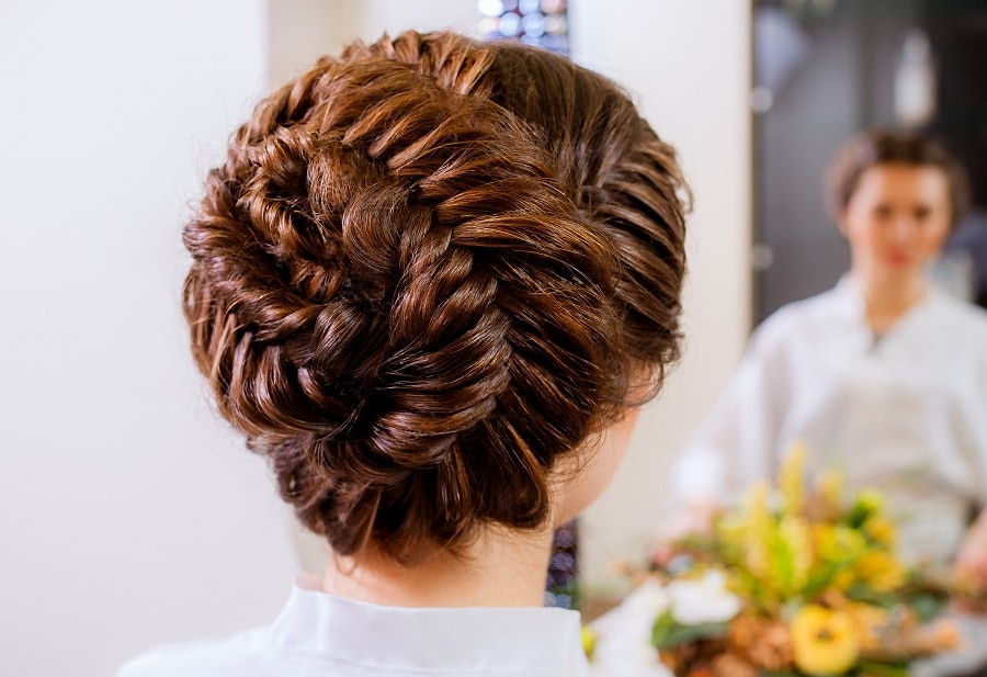 updo with coffee brown hair