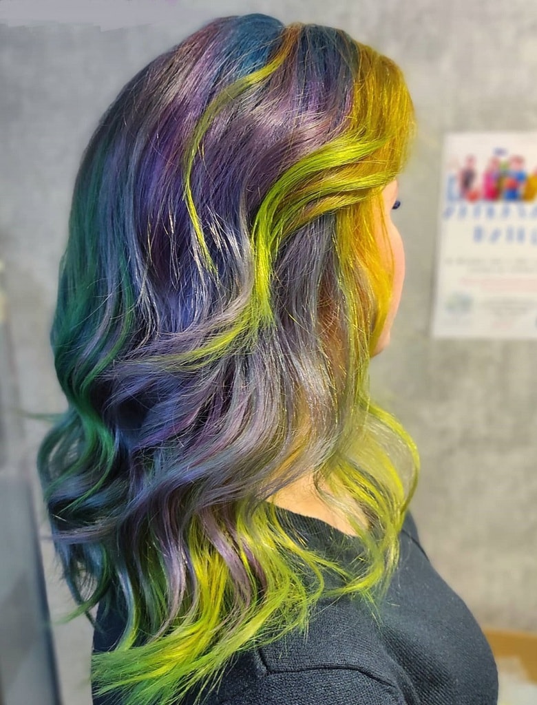 violet hair with yellow highlights