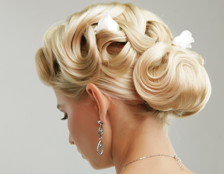 wedding updo with platinum blonde hair