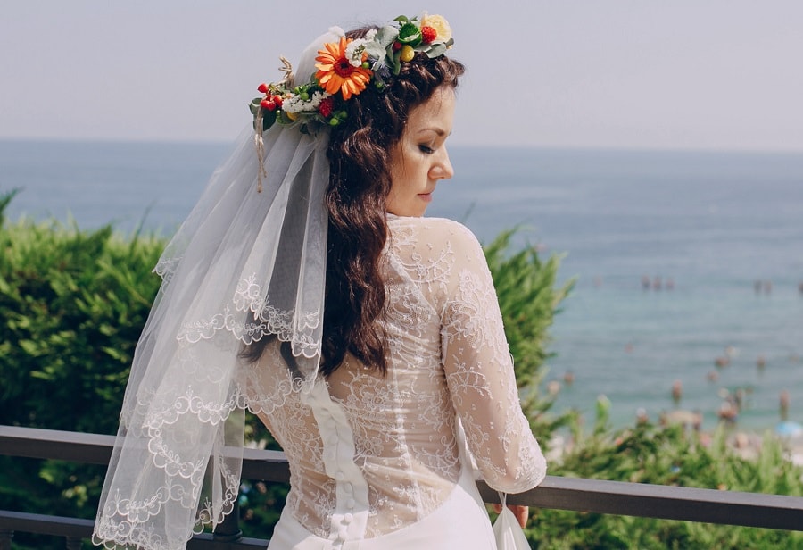 beach wedding hairstyle with flower crown