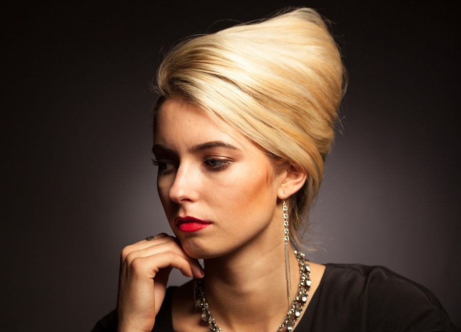 beehive blonde updo with side bangs