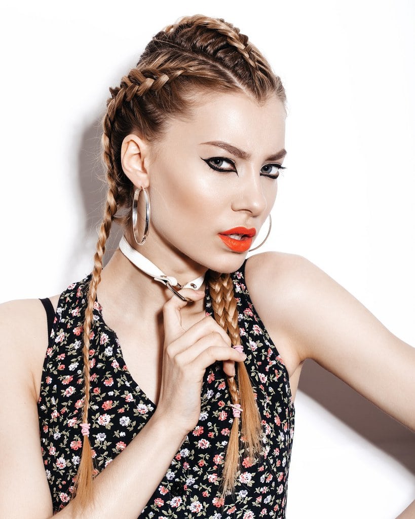 braided hairstyle with golden brown balayage hair