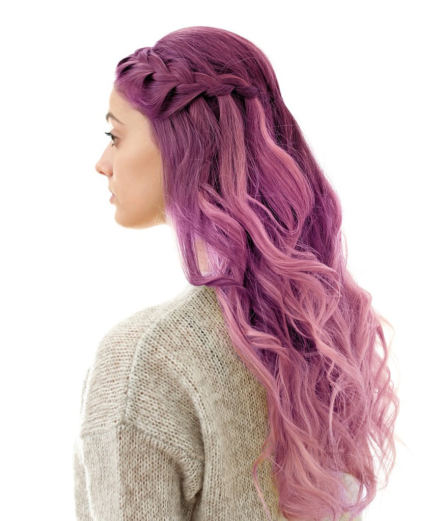 braided hairstyle with purple balayage hair
