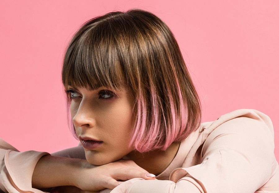 brunette balayage bob with pink ends