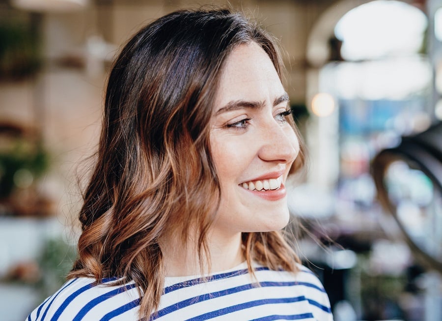 brunette bob with dark caramel balayage