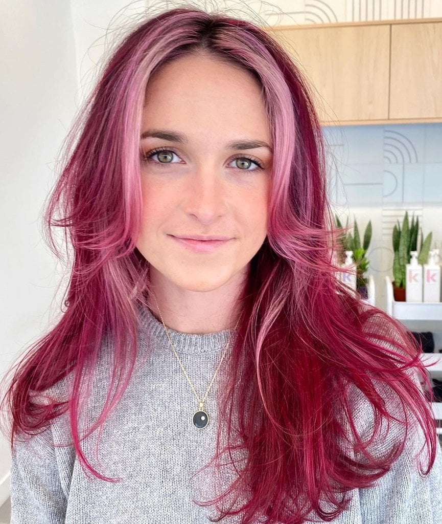 feathered bangs for pink hair