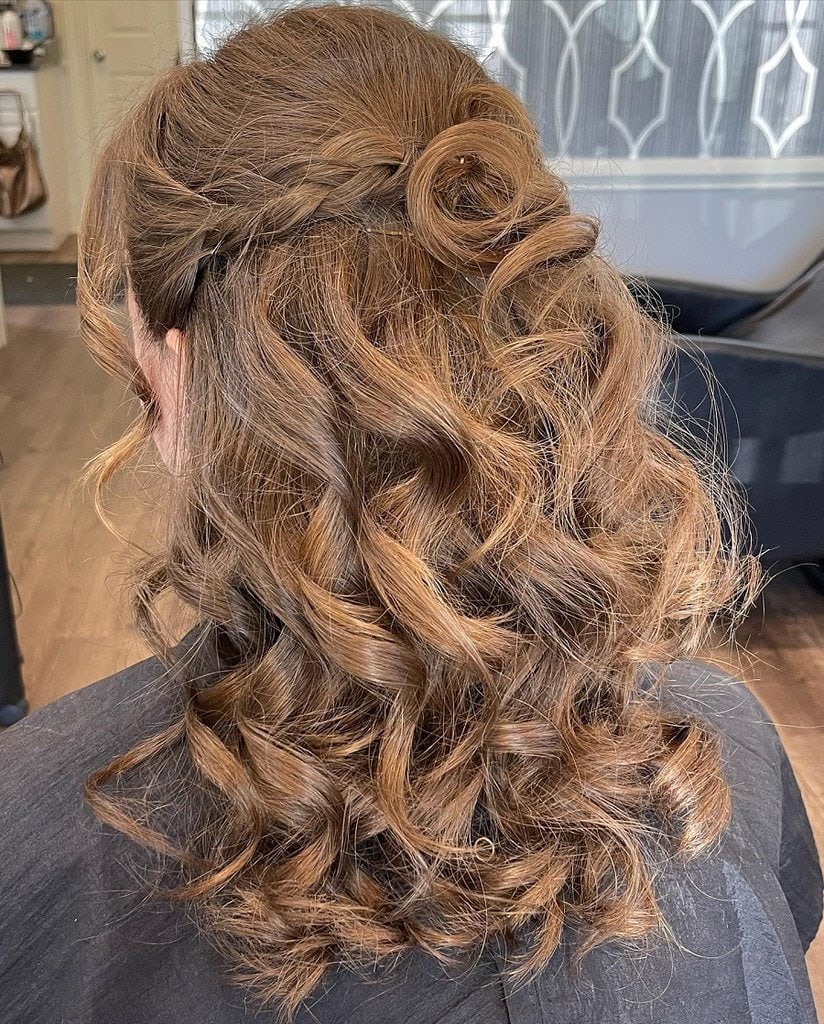 half updo with caramel highlights