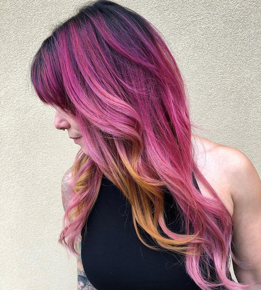 long shag haircut with pink balayage hair