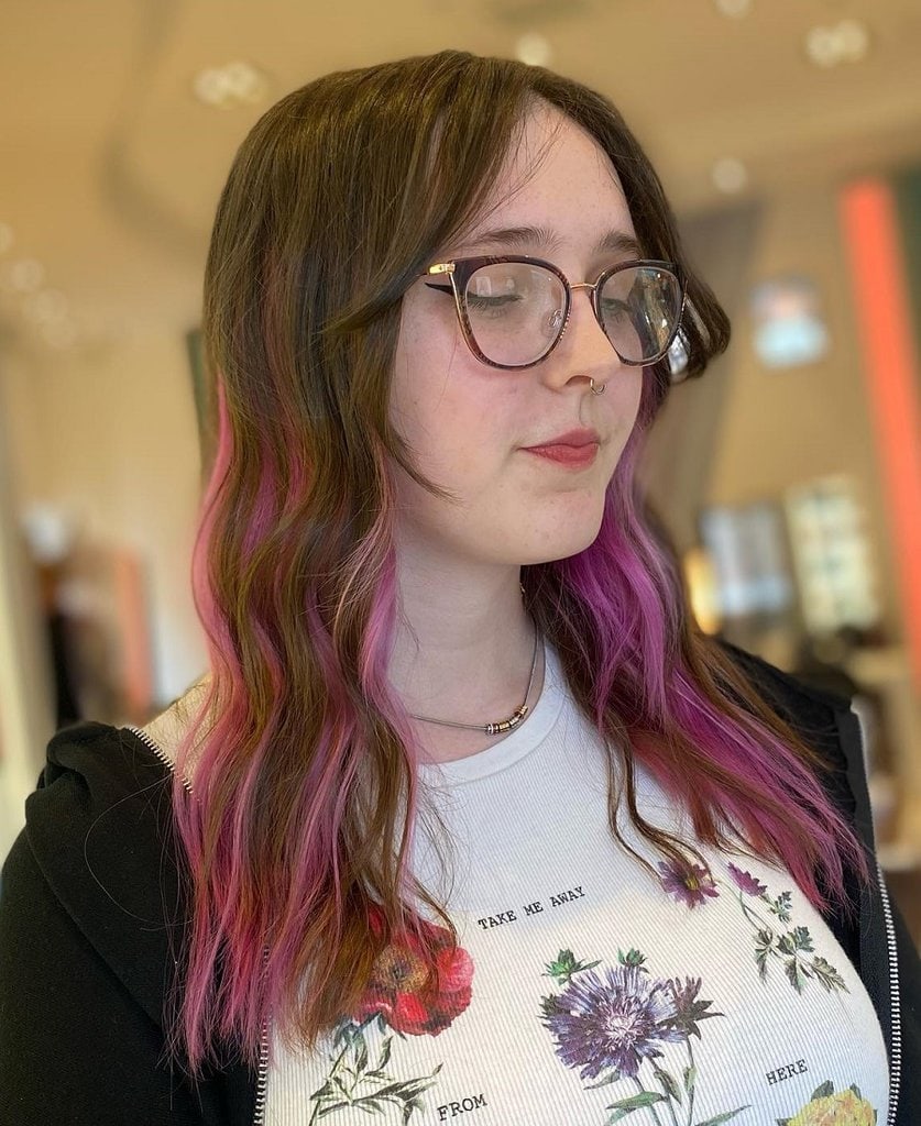 long shag haircut with pink highlights