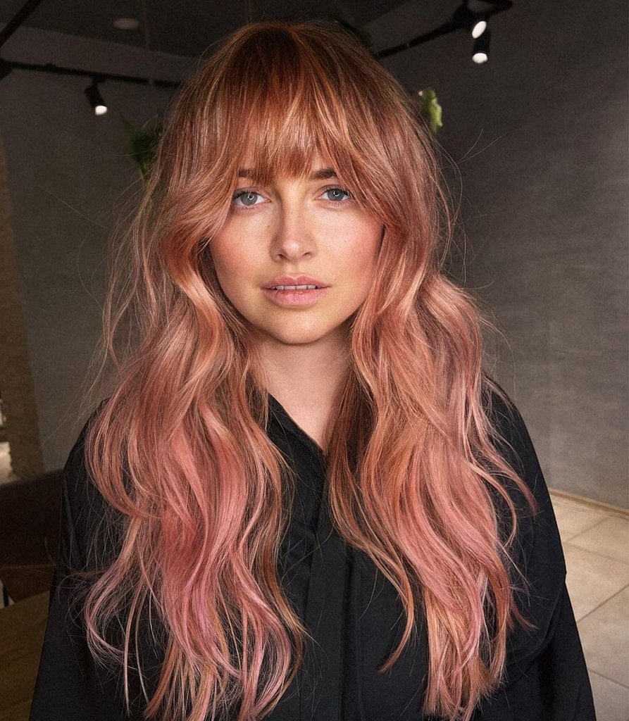 long shag with rose gold hair