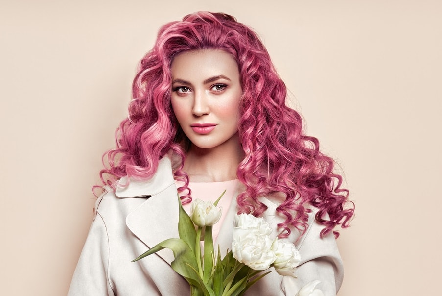 metallic curly pink hair