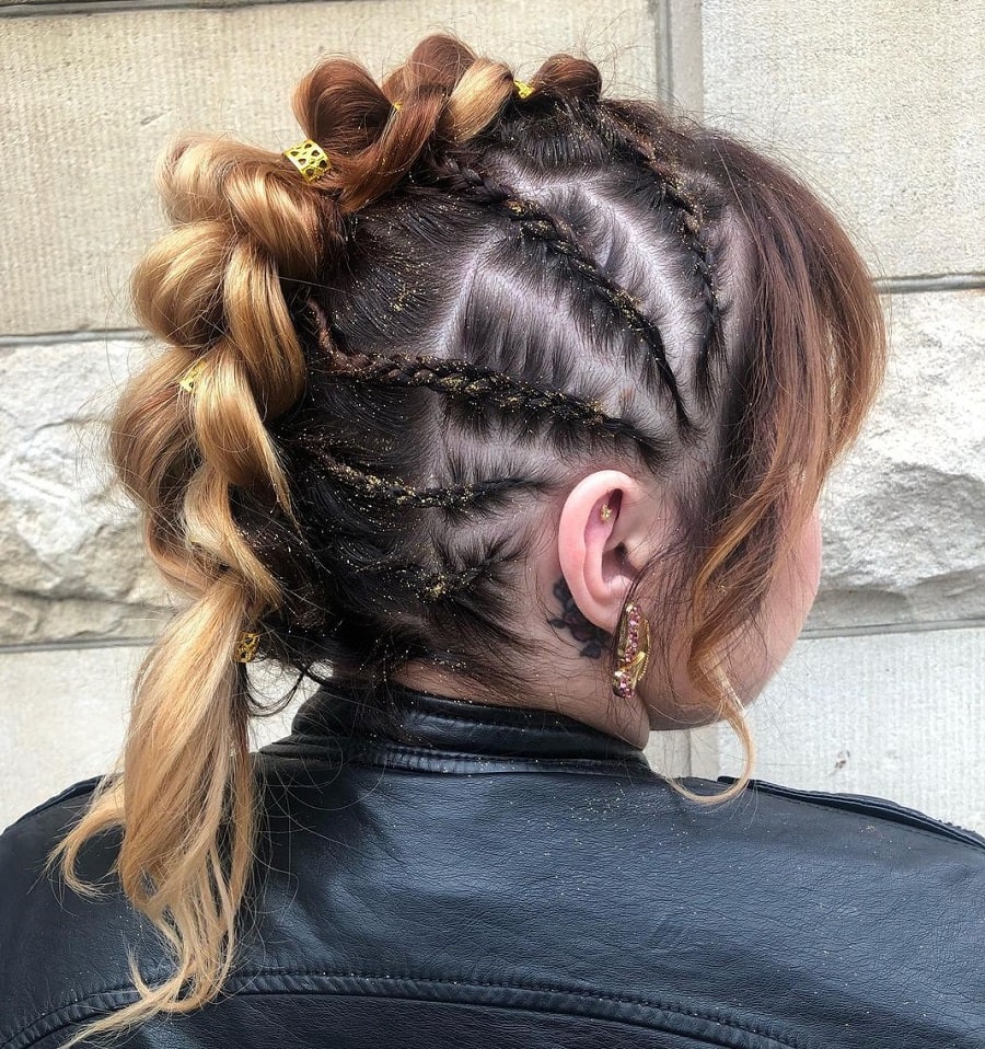 pull through braid hairstyle with cornrows