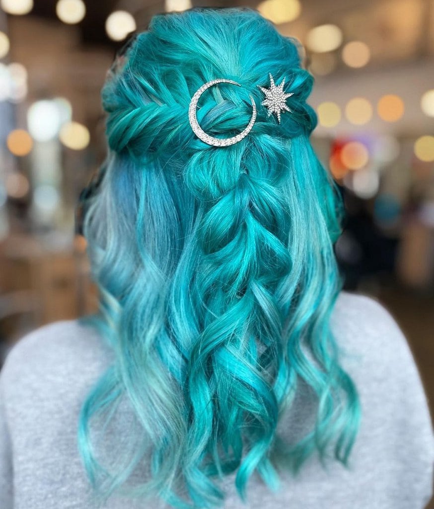 pull through braided hairstyle for teal hair