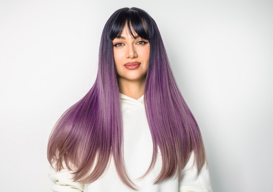 purple balayage hair with bangs