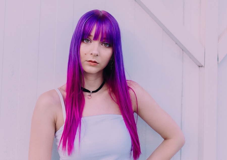 straight purple ombre hair with bangs