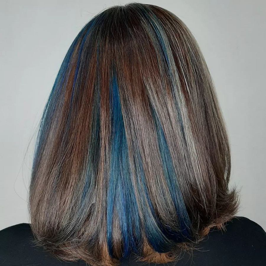 ash brown hair with blue highlights