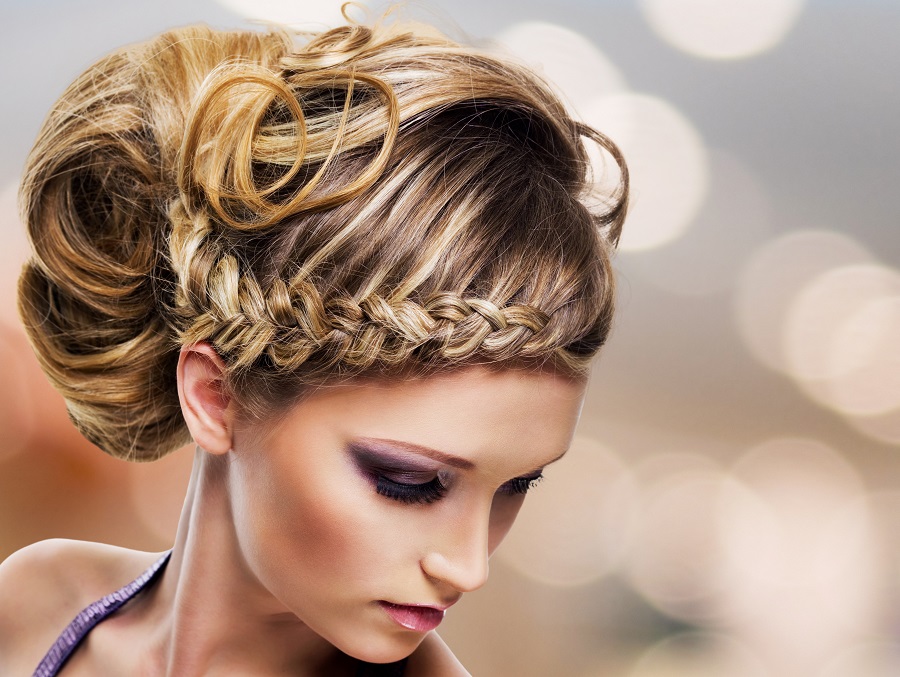 braided updo with caramel balayage hair