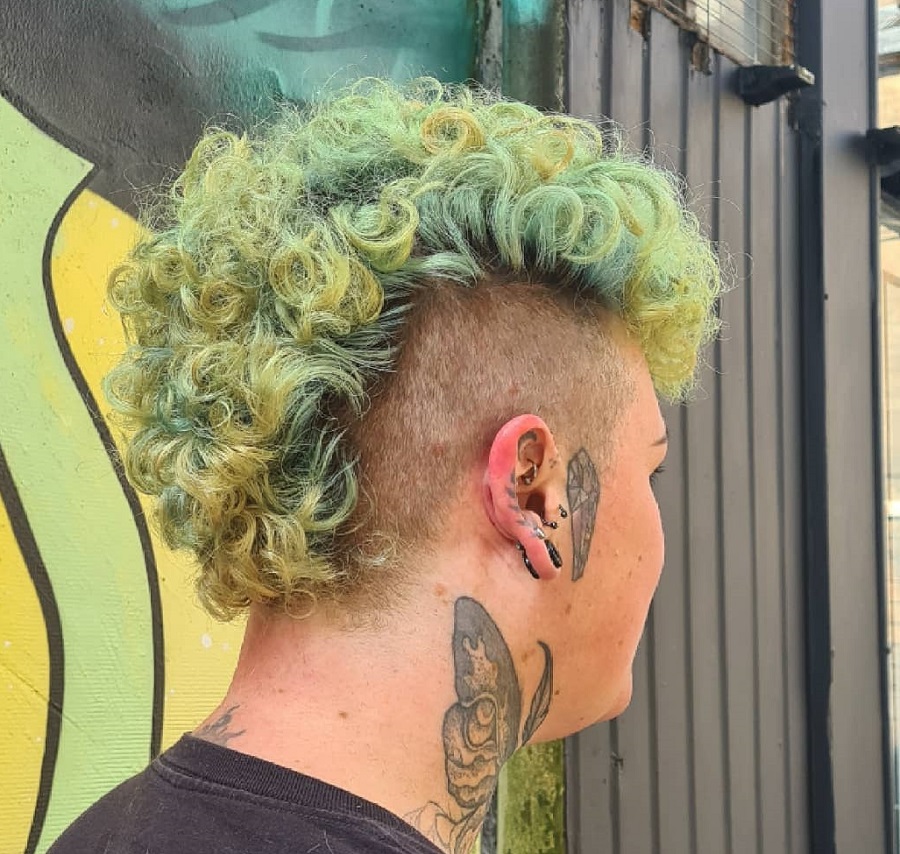 curly mohawk hairstyle for women with green hair