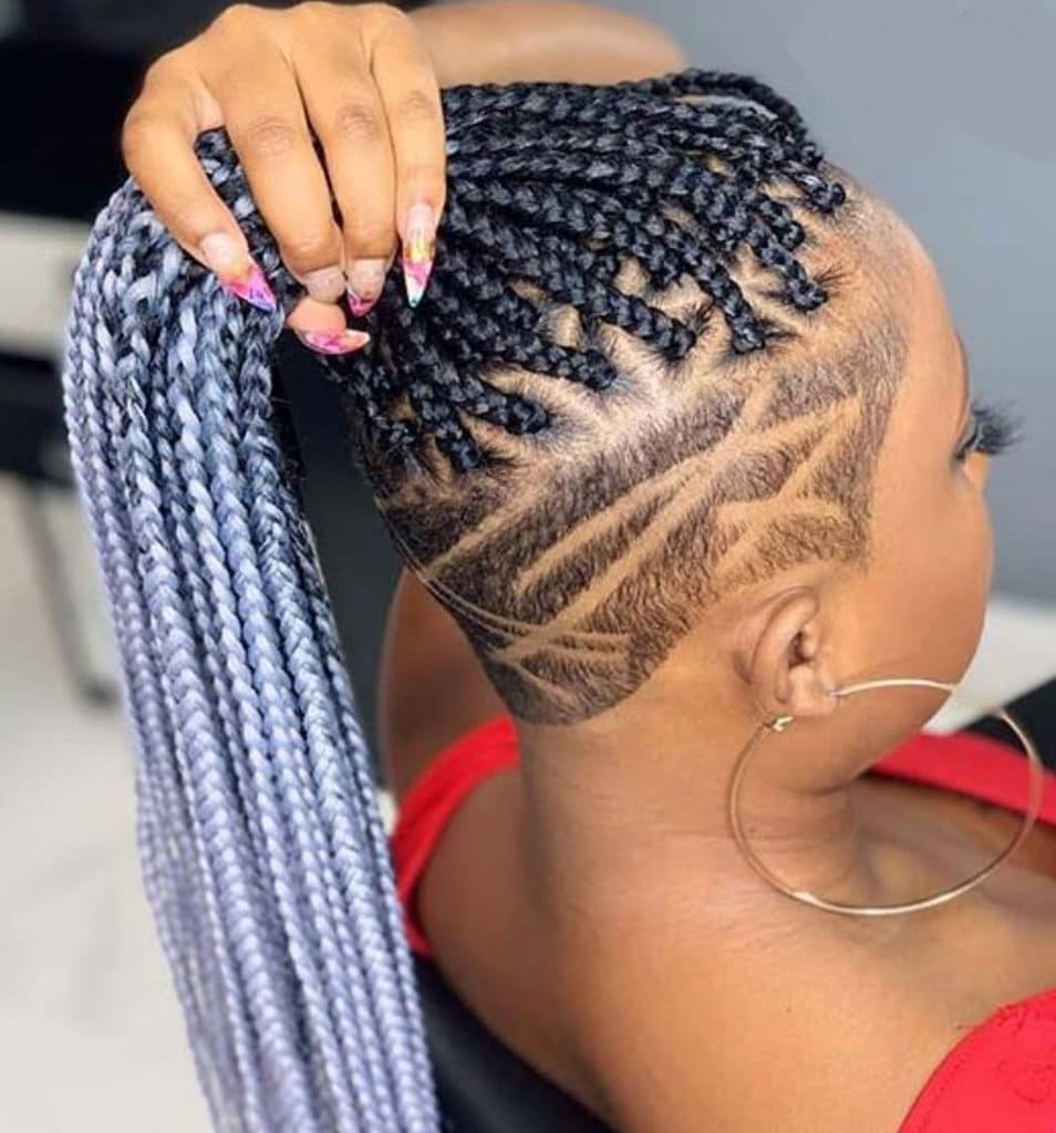 grey ombre braided hairstyle with shaved sides