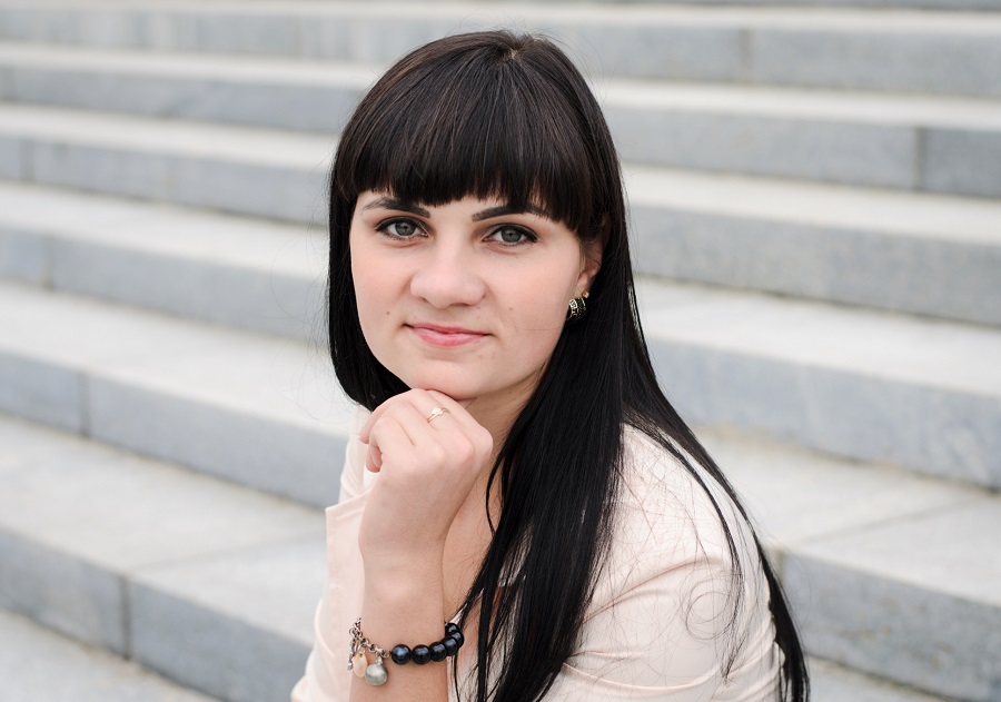 long dark brown hair with bangs