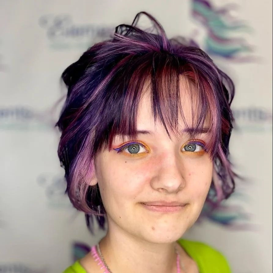 purple highlights for short hair with bangs