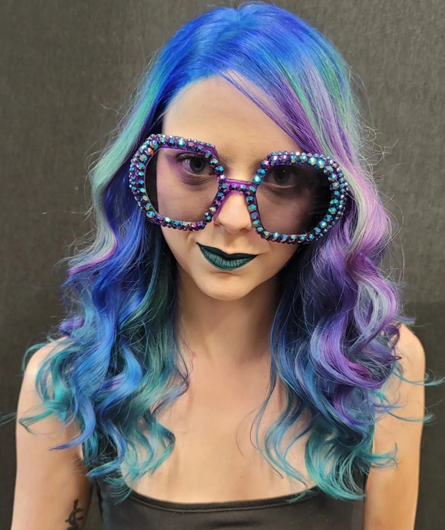 purple highlights on blue hair