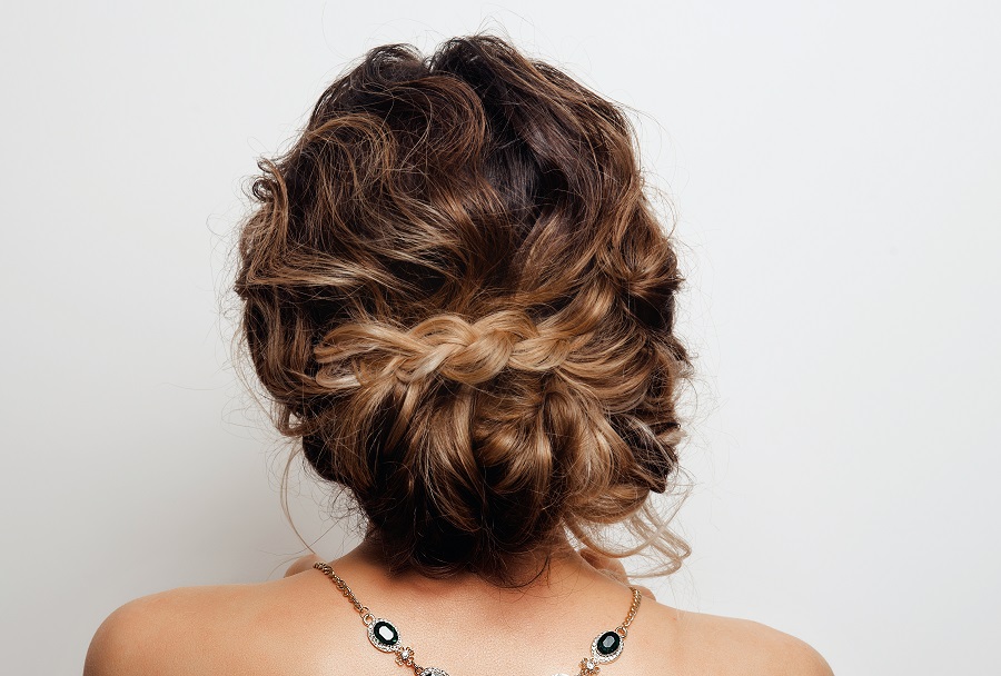 updo with caramel balayage hair