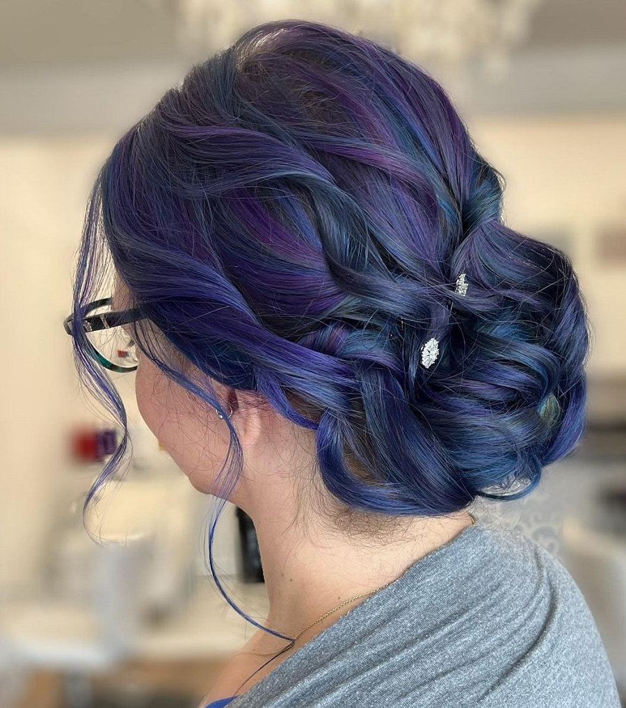 updo with dark purple highlights