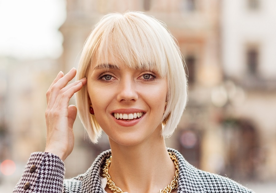 white blonde bob with full bangs for fine hair