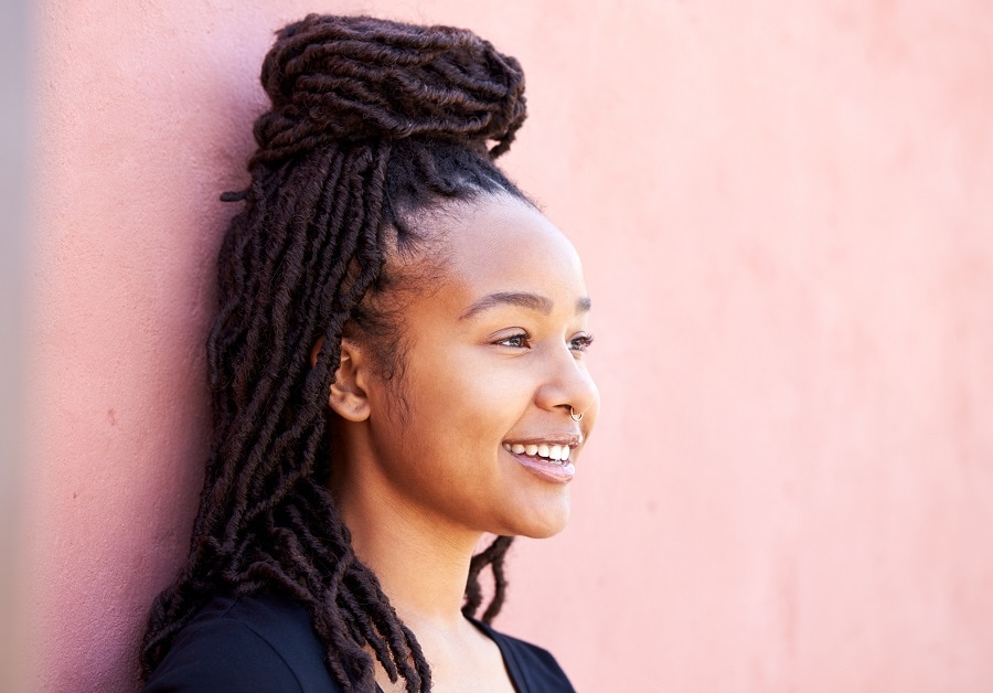 half up bun with faux locs