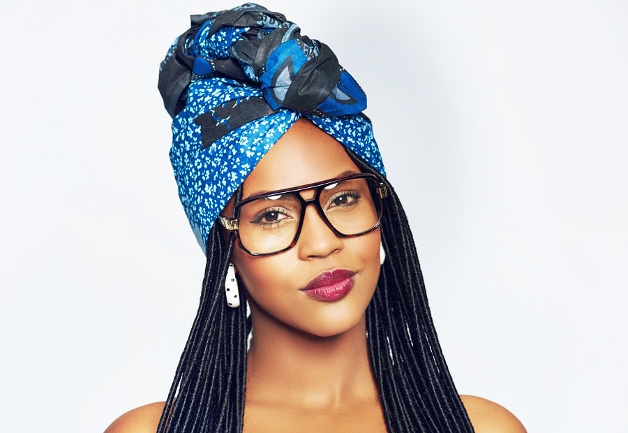 head wrap hairstyle with faux locs