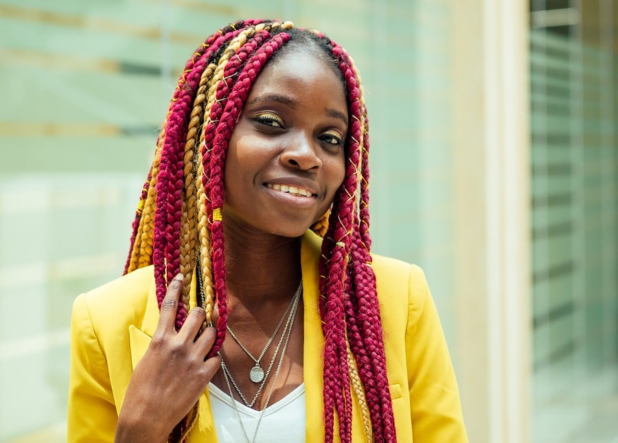 red and yellow kanekalon with braids