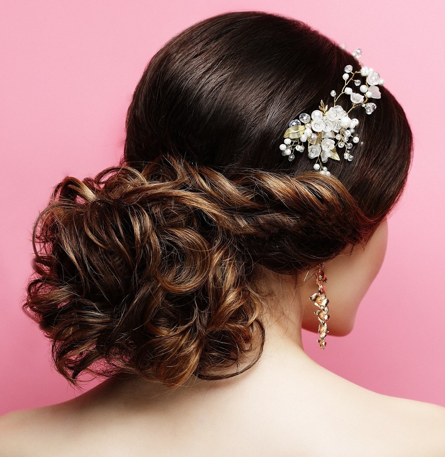 wedding updo with tiger eye hair