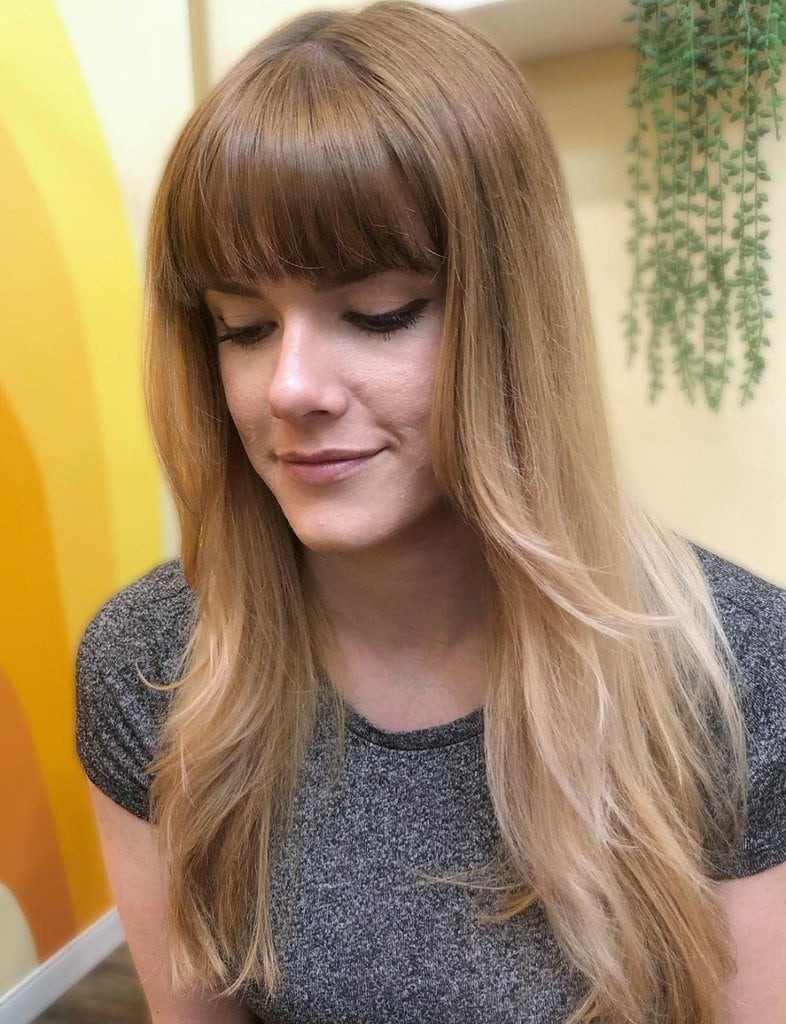 light honey balayage hair with bangs