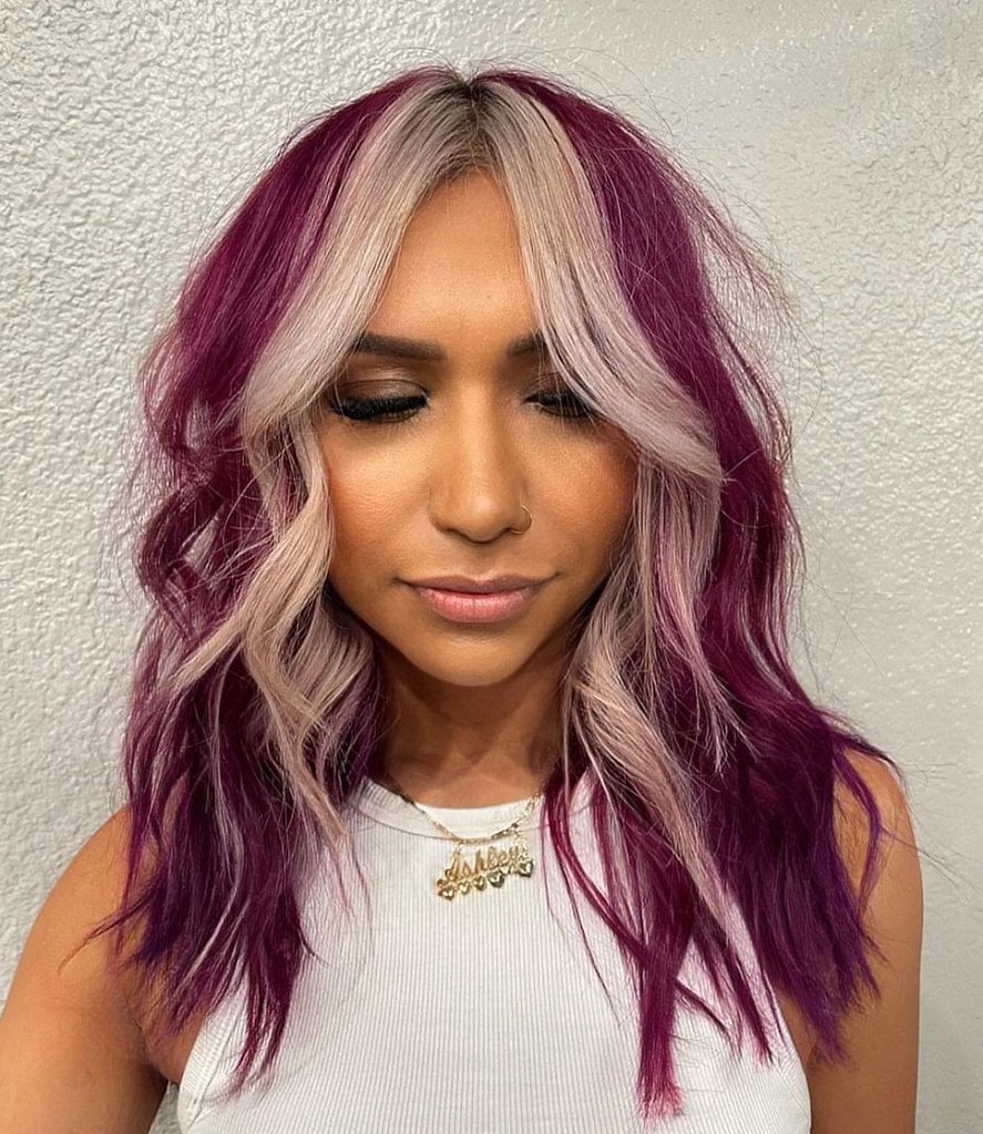 plum hair with face framing highlights