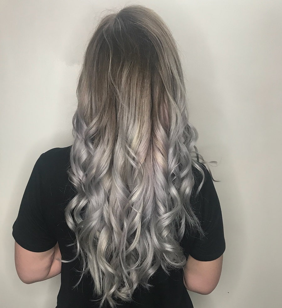 curly grey hair with V cut