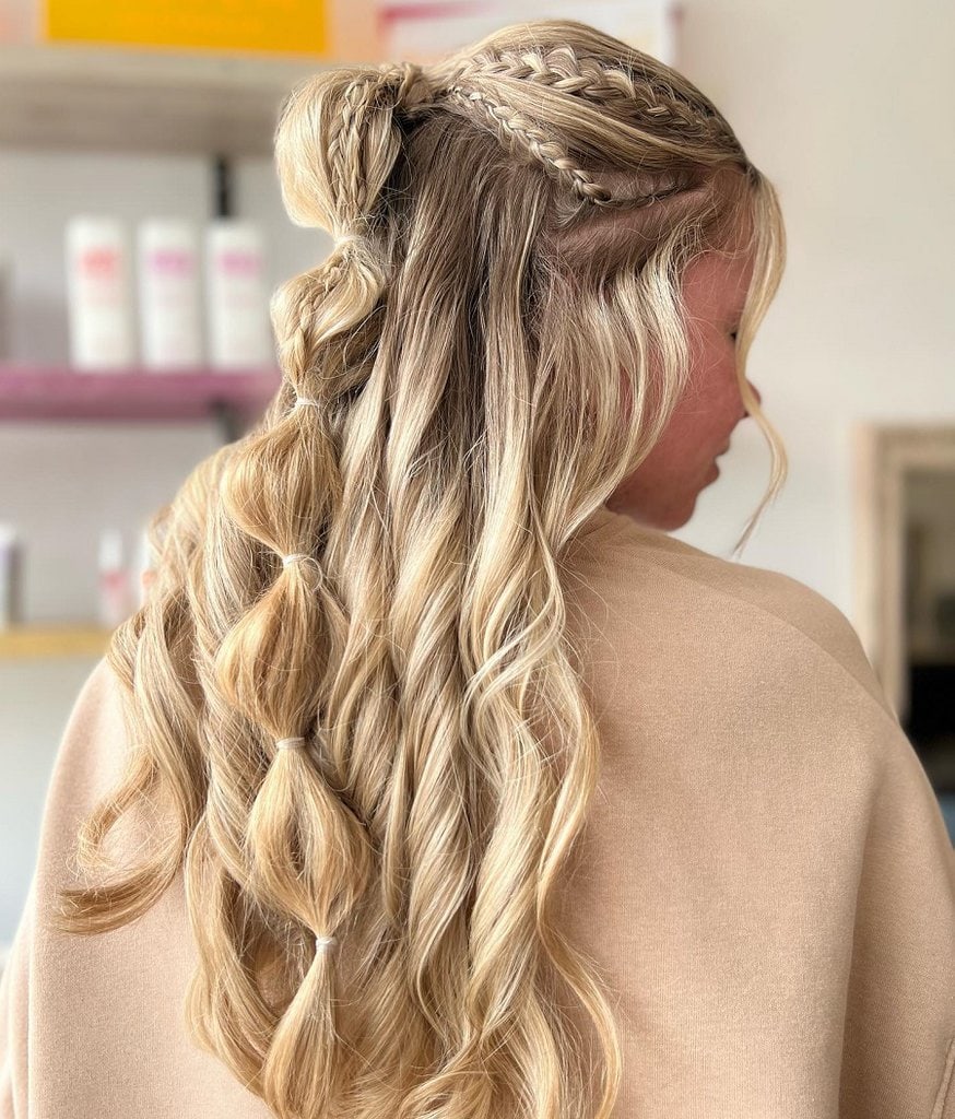 half up bubble braid for wavy hair