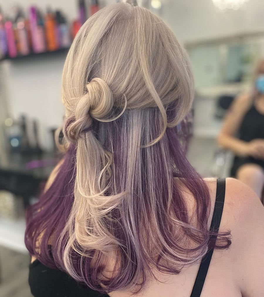 half up blonde hair with purple underneath