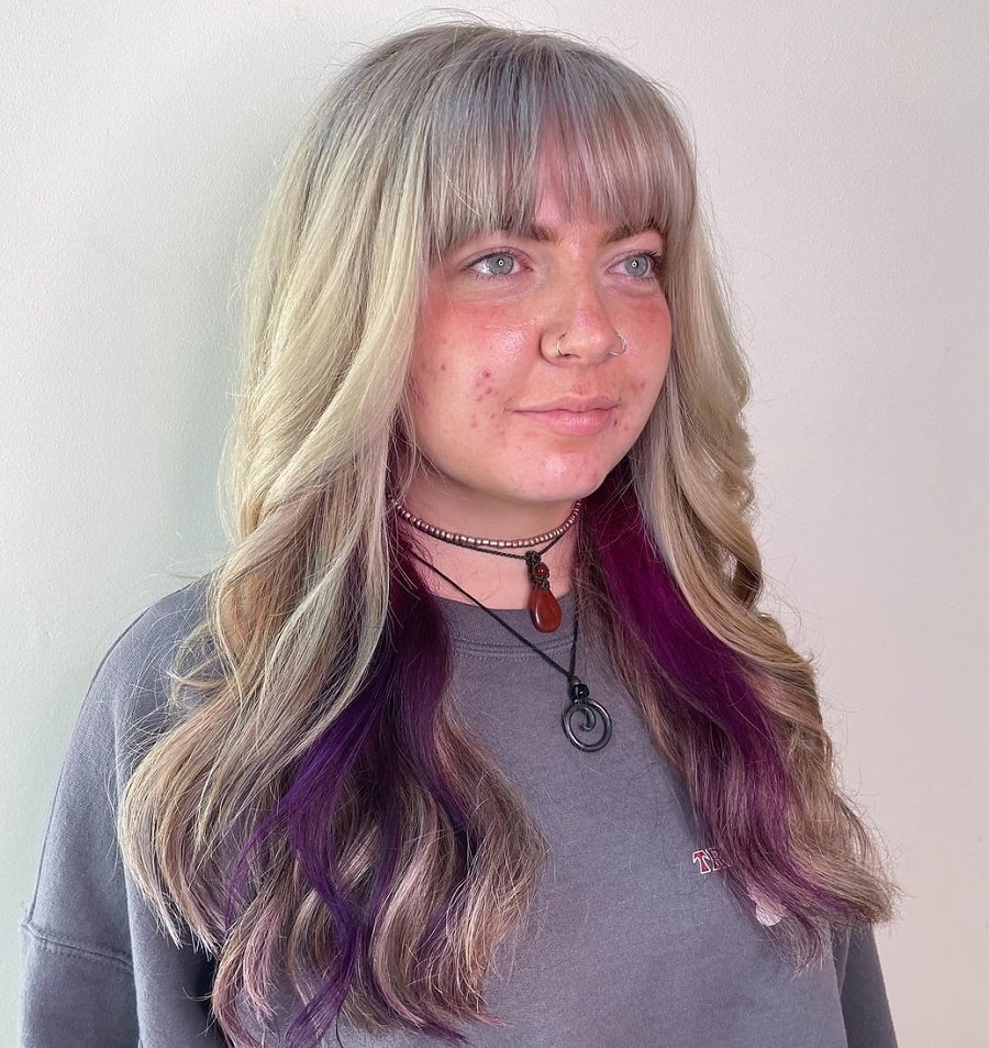 blonde hair with bangs and purple underneath