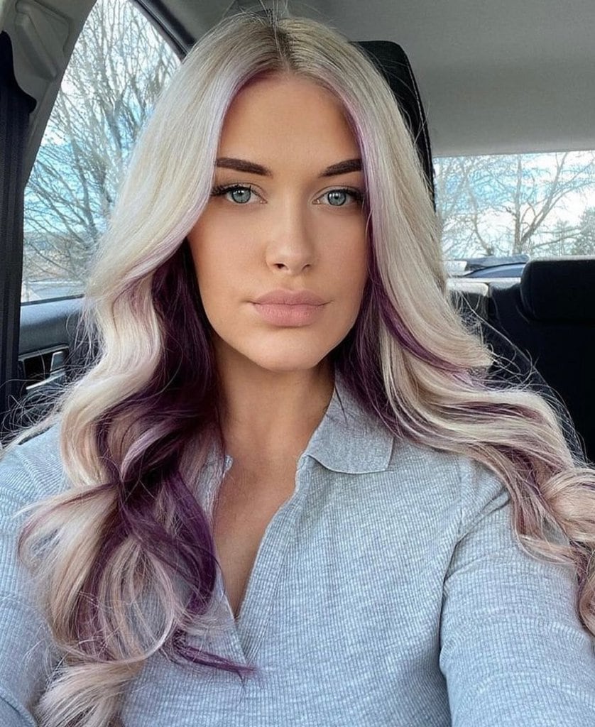 middle part blonde hair with purple underneath