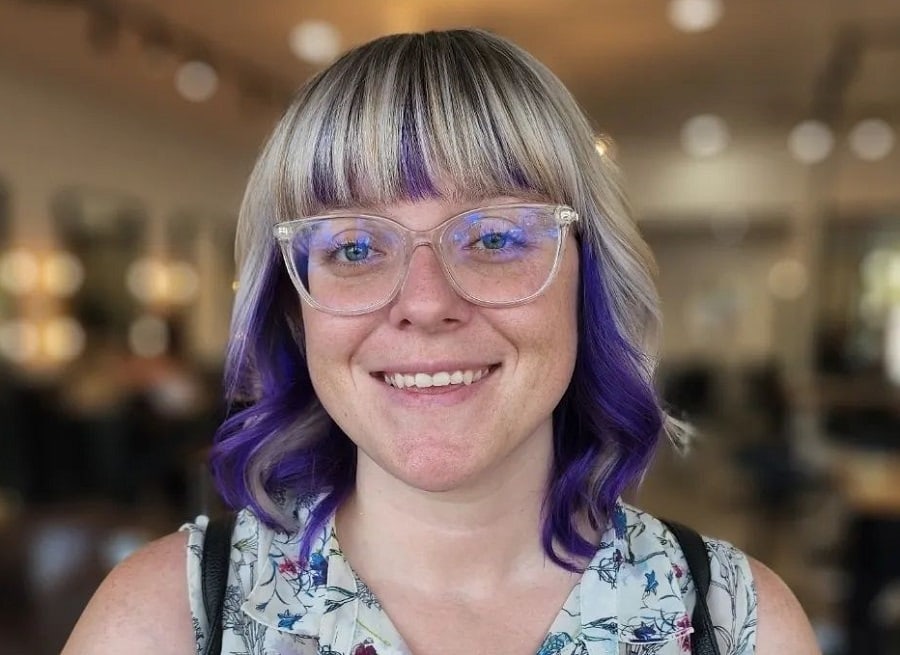 short blonde hair with bangs and purple underneath