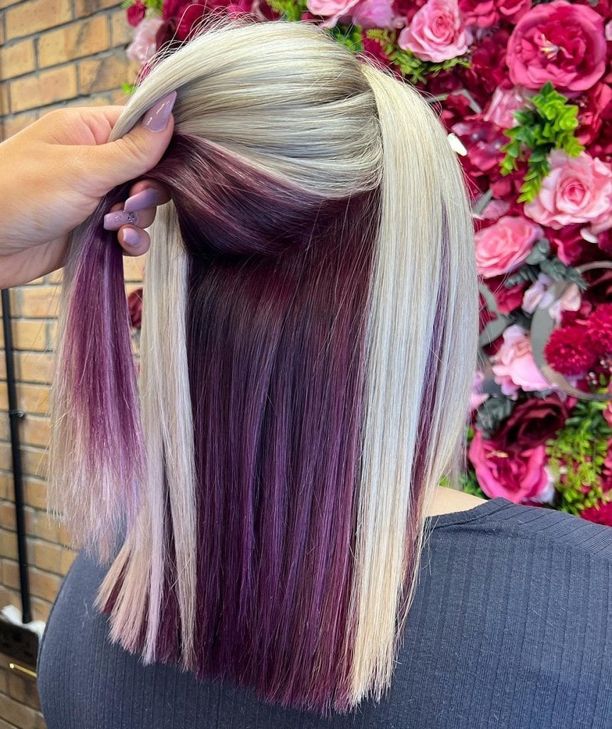 straight blonde hair with purple underneath